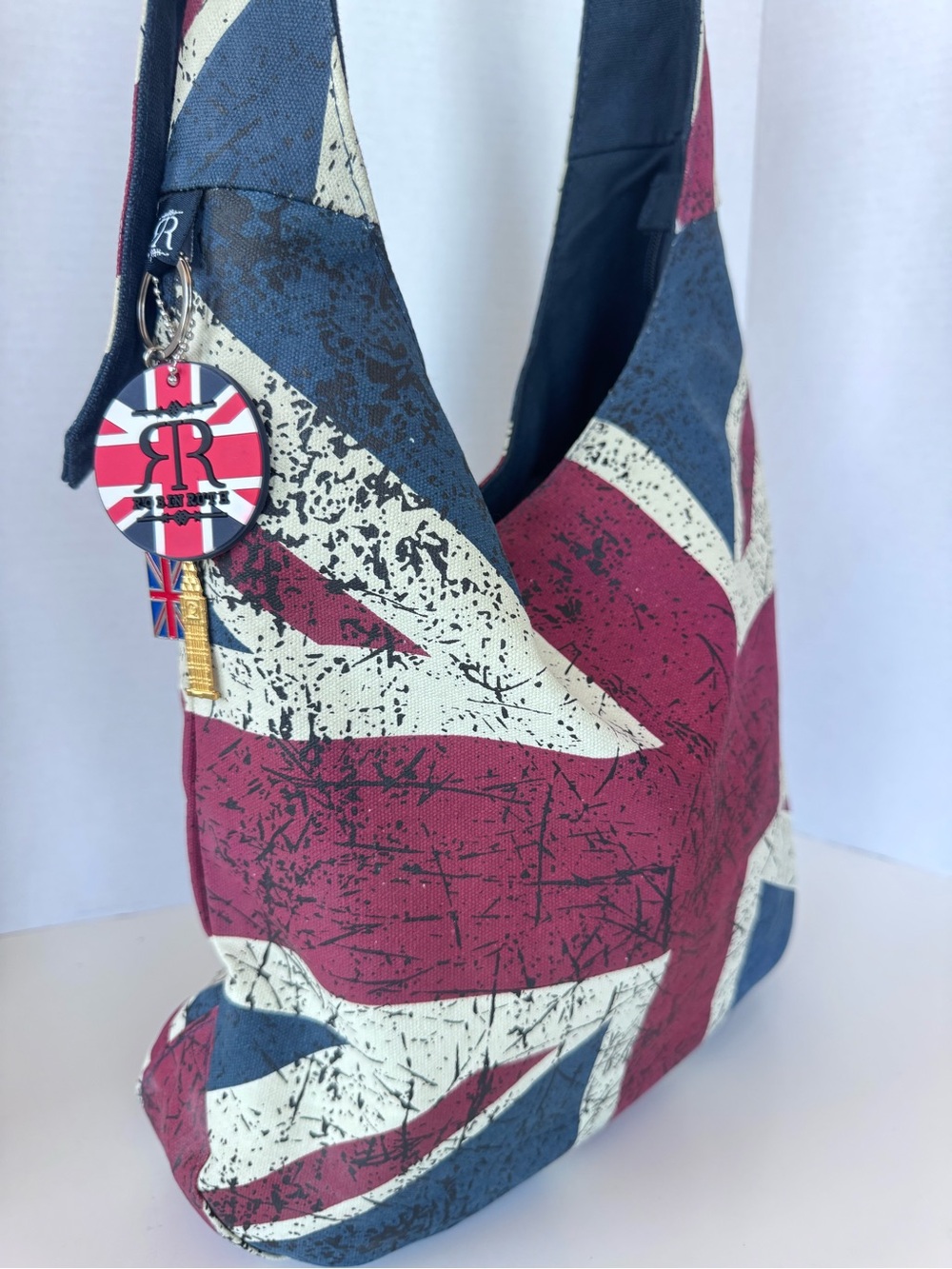 Robin Ruth London Union Jack Canvas Hobo Shoulder Bag Purse Charms British Flag